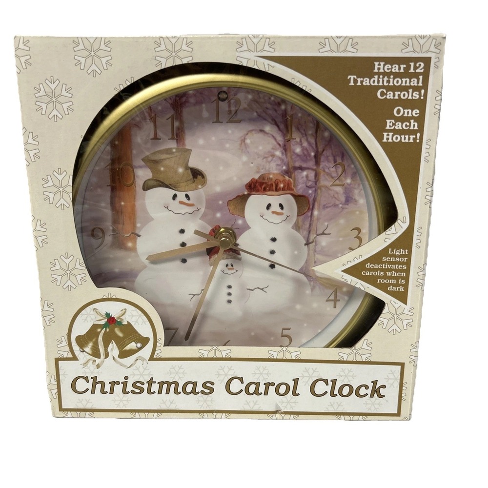 Feldstein Christmas Carol Clock 8" Plays 12 Carols Snowman Works Light Sensor